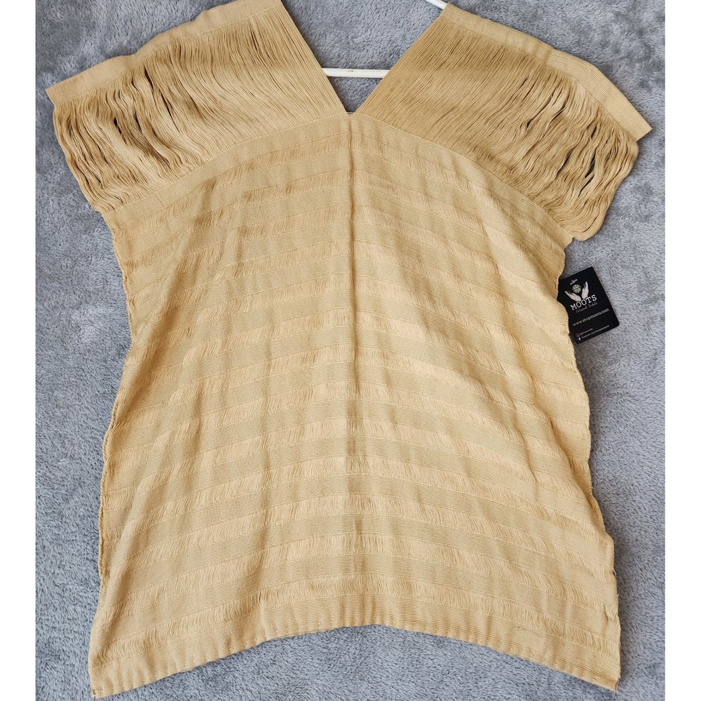Moots Artisanal Shirt Womens Medium Gold Hand Loomed Huipil Fringe V-Neck Top